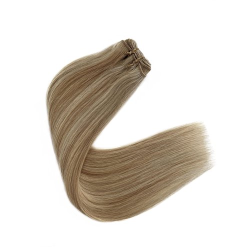 Sew in Weft Hair Extensions Human Hair Double Weft Natural Weave Caramel Blonde to Blench Blonde Highlights Hand Tied Weft Hair Extensions 18 inch 100g Seamless for Remy Hair
