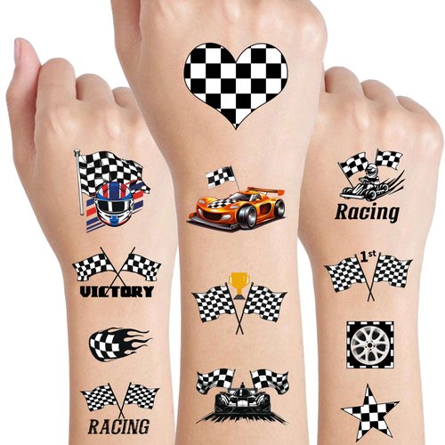 Dopetattoo Bulk Funny Race Car Checkered Flags Temporary Tattoos Themed Birthday Party Supplies Decorations Black and White Racing Tattoo Decor Favors Sticker Gifts