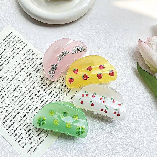 3.2" Vintage Pattern Print Hair Claw Clip with Cherry Non-Slip Strong Hold Hair Accessories for Women Girls Thin Hair, Cherry White