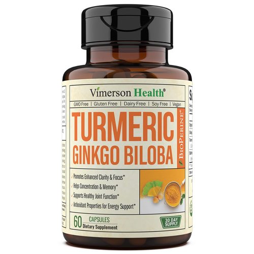 Turmeric Curcumin & Ginkgo Biloba Supplements with Bioperine Black Pepper - Vegan Joint Support Supplement with Organic Tumeric - Aids Brain Clarity, Focus, Memory, and Concentration. 60 Capsules