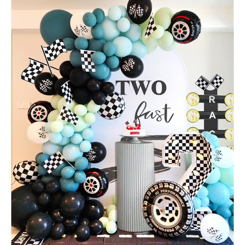 Race Car Party Balloons Arch Kit,177pcs Race Car Party Decorations Dusty Blue black Dusty Green & Wheels Foil Balloon& Checkered Flag for kids Racing car Theme Two Fast Party Supplies