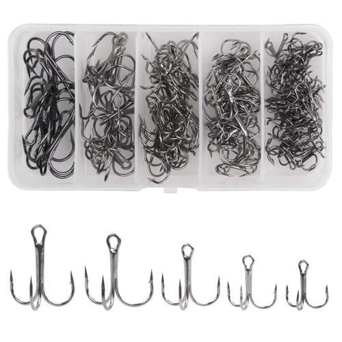 Black Treble Hooks Kit,145pcs Sharp Round Bend Treble Fishing Hooks Set High Carbon Steel Barbed Triple Fish Hook for Trout Catfish Saltwater Freshwater Size 2 4 6 8 10