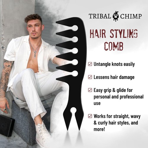 Tribal Chimp Hair Styling Comb, Wide Tooth Comb for Straight, Wavy, Curly, Colored Hair for Personal, Pro Use – Black