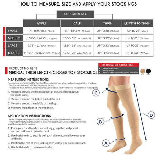 Truform 30-40 mmHg Compression Stockings for Men and Women, Thigh High Length, Dot-Top, Closed Toe, Black, Small