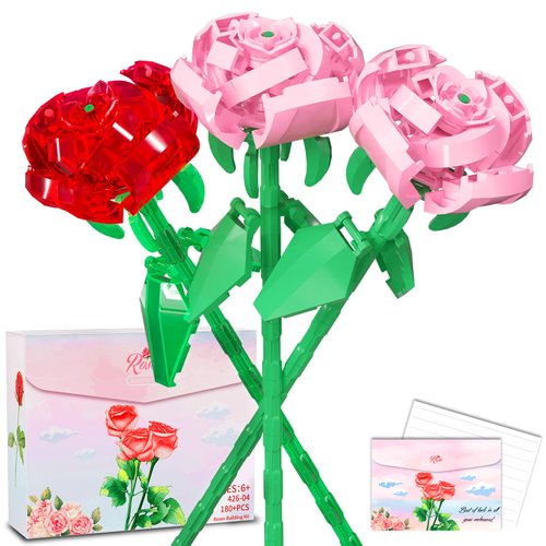 180 Pieces Flowers Bouquet Building Blocks Set, Rose Building Kit 3-Pack, Artificial Rose Building Brick Set with Wrapping Bag and Postcards, Creative Toy Building Sets Suitable for Adults and Kids