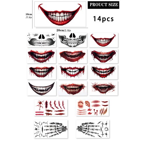 ENYACOS halloween temporary face tattoos for adults, halloween prank makeup temporary tattoo, Halloween scary big mouth tattoo, clown tattoos, zombie makeup face stickers