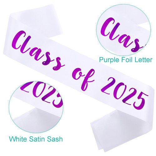 KETAOO 2PCS Class of 2025 Sash, Purple Foil White Finally Graduated Cheerleader Class of 2025 Sashes for Graduation Party Supplies