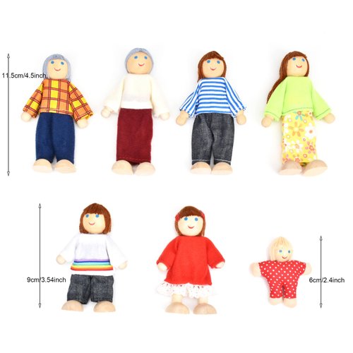 Jzszera Wooden Doll House People of 7 Miniature Figures and 2 Pets, Dollhouse Dolls Family Set Accessories for Girls Toddler Kids Pretend Play and Imaginative Fun