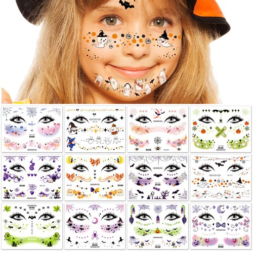 HOWAF Halloween Temporary Tattoos 12 Pcs Fun Face Mask Tattoos, Happy Halloween Decor Trick or Treat Witch Colorful Face Body Tattoos Sticker for Halloween Makeup Cosplay Party Supplies