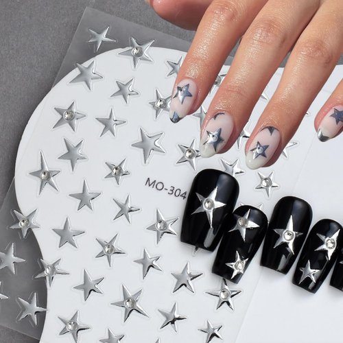 6Sheets Crystal Star Nail Stickers for Nail Art Black Gold Silver Design Stars Nail Art Sticker 3D Glitter Star Sticker Self-Adhesive Pegatinas Uñas Luxury Nail Decals for DIY Nail Tips Manicure Decor