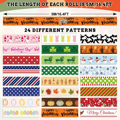 Whaline 24 Rolls Holiday Washi Tape St Patrick's Day Shamrock Easter Bunny Spring Summer 4th of July Making Tapes 15mm Seasonal Decorative Washi Tapes for Scrapbook Journal Art Craft, 16.4Ft