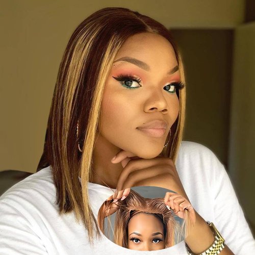 Put On And Go Glueless Wigs Human Hair Pre Cut Ombre 4/27 Highlight Short Bob Wig Human Hair For ...