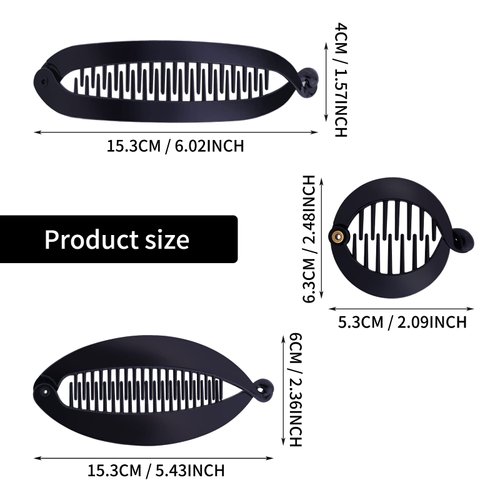 Sibba 9 Pieces Banana Clips Set - French Fishtail Hair Clips, Round Ponytail Holders, Hair Styling Accessories for Women and Girls (Multicolor, Black)