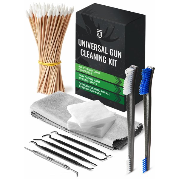 Professional Gun Cleaning Kit 10 in 1 Gun Accessories Incl. Lint Free Gun Cleaning Patches, 6-inch Gun Cleaning Swabs, Double Head Gun Cleaning Brush, Gun Cleaner Picks and Cleaning Cloth for Guns