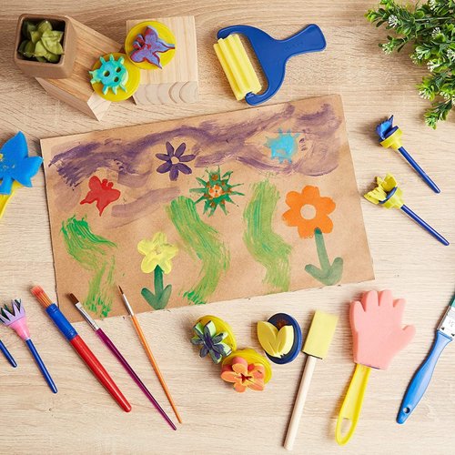 36 Piece Kids Painting Kit for Arts and Crafts with Foam Paint Brushes, Rollers and Stamps