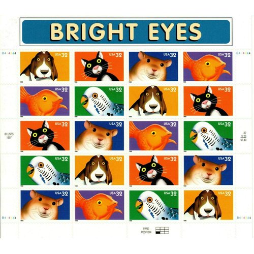 USPS Bright Eyes Pets (Dog, Fish, Cat, Parakeet, Hamster) (Sheet of 20) 32 Cent Postage Stamps 1998 Scott #3230-3234