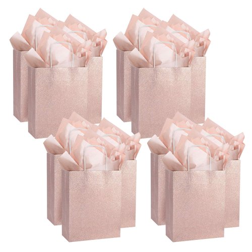 UNIQOOO 12 Pack 9.5" Rose Gold Pink Glitter Kraft Paper Gift Bags For Wedding | Thank You Bag Favor Bags For Bridal Shower, Baby Shower, Valentine's Day, Holidays, Anniversaries, Parties