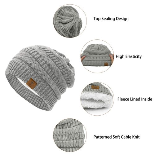 Durio Womens Beanies Fleece Lined Slouchy Beanie for Women Solid Warm Knitted Winter Beanie Hats Caps for Skiing Snowboarding Black & Light Grey & Burgundy One Size