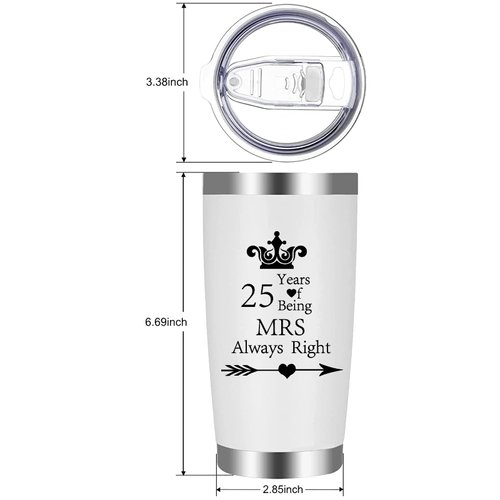 Set of 2 25th Wedding Engagement Anniversary Tumblers for Couples Parents 20 OZ Stainless Steel Insulated Car Tumbler Travel Mug Mr Right Mrs Always Right 25 Years Anniversary Funny Present