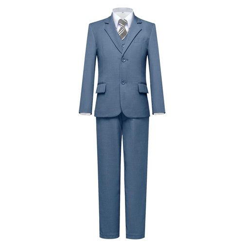 Gent M Boys Formal Slim Fit Suits, 5 Pieces Suit Set, Toddler Suit for Boy, Blazer Vest Pants and Shirt, Kids Suit Blue Gray Size 2