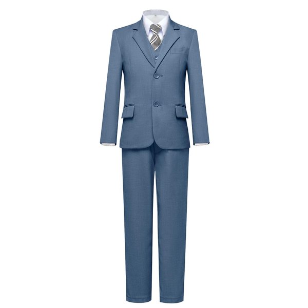 Gent M Boys Formal Slim Fit Suits, 5 Pieces Suit Set, Toddler Suit for Boy, Blazer Vest Pants and Shirt, Kids Suit Blue Gray Size 2