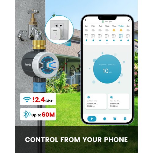 RAINPOINT WiFi Sprinkler Timer Water Timer, Brass Inlet Smart Hose Faucet Timer, Automatic Irrigation System Controller for Yard Watering, APP Control via 2.4Ghz WiFi and Bluetooth (V2, 2023 Release)