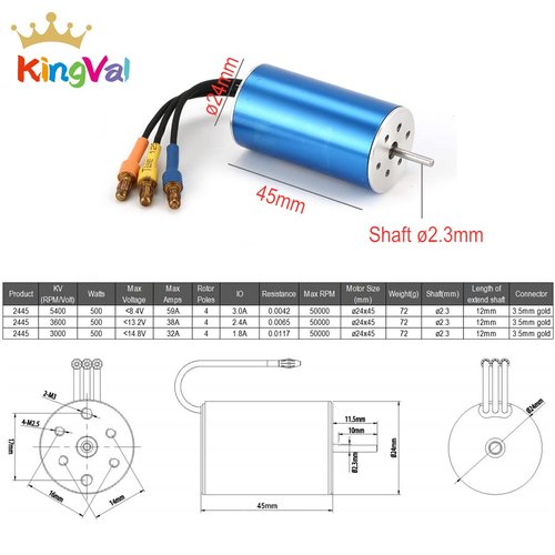 KingVal Replacement 2445 3600KV Sensorless Brushless Motor Shaft Diameter 2.3mm Compatible with 1/16 RC Car