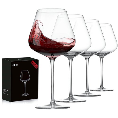 JBHO Set of 4-21 Ounce Hand Blown Italian Style Crystal Burgundy Wine Glasses - Lead-Free Premium Crystal Clear Glass - Gift-Box for any Occasion