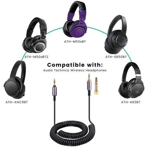 weishan ATH-M50xBT Cable, Coiled Aux Cord Replacement for Audio Technica ATH-M50xBT2, ATH-SR50BT Wireless Headphones, 3.5mm(1/8") Extension Wire with 6.35mm(1/4") Adapter, 14ft