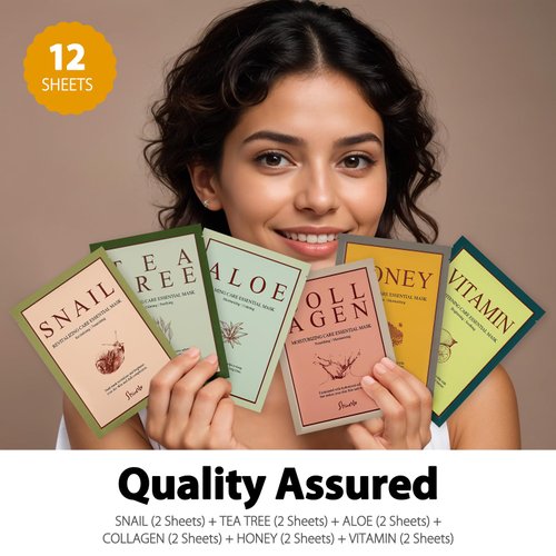 SHIONLE Daily Essential Face Mask Pack, 23ml X 12 Pack, 6 Types (Collagen, Honey, Vitamin, Aloe, Snail, Tea Tree) Korean Beauty Skin Care Set, Intense Hydration, Home Spa For All Skin Types