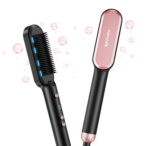 Wavytalk Hair Straightener Brush, Ionic Hair Straightening Brush with 6 Temperature Adjust, Anti-Scald Ceramic Hair Straightener Comb Fast Heating for Home Salon, Dual Voltage, Rose Gold.