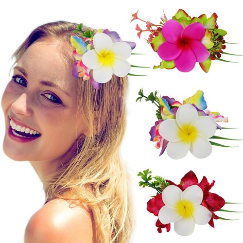 LACGO Hawaiian Tropical Flower Hair Clips for Women - Artificial Flower Claws for Wedding, Beach, Bridal Party (Hot Pink, White)