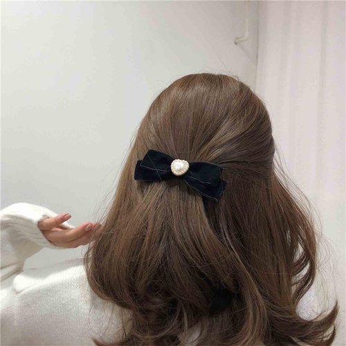 Zeshimb Velvet Bow Hair Clips Black Satin Ribbon Bow Clip Bow Pearl Ponytail Holder Clip Headpieces Long Tail Hair Bow Headwear Hair Accessories for Women and Girls Gifts