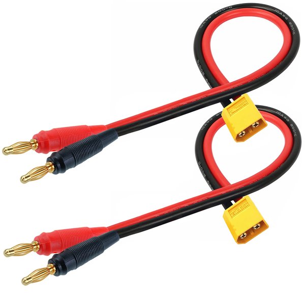 QOFOWIN XT30 Connector Adapter Plug, XT30 Male Plug to 4mm Banana Male Connector with 16AWG 30CM(11.8 inch) Cable for RC Lipo Battery Charge FPV Drone (2 Pack XT30)