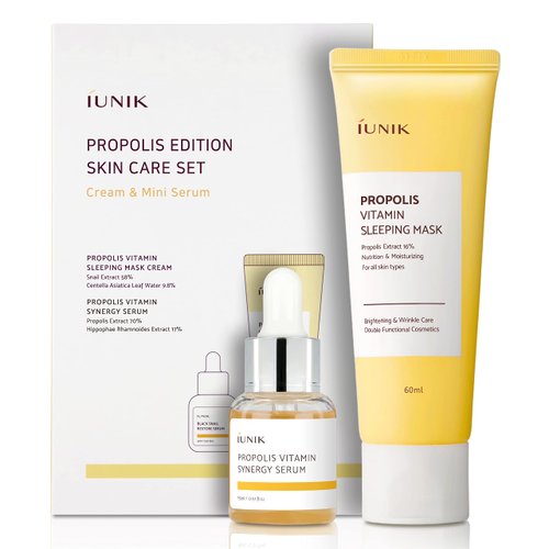 iUNIK Propolis Edition Skincare Set (Sleeping Mask 2.02 fl.oz. & Mini Serum 0.51 fl.oz.) - Featuring Propolis and Buckthorn Fruit Extracts to Infuse and Revitalize Skin with Moisture and Vitamins