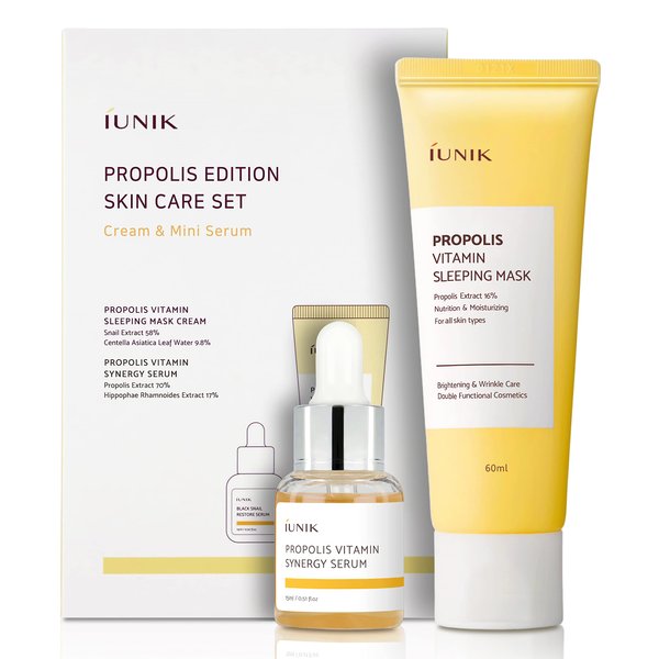 iUNIK Propolis Edition Skincare Set (Sleeping Mask 2.02 fl.oz. & Mini Serum 0.51 fl.oz.) - Featuring Propolis and Buckthorn Fruit Extracts to Infuse and Revitalize Skin with Moisture and Vitamins