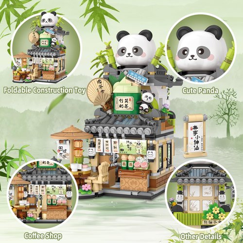 Street View Tea Shop Mini Building Blocks, MOC Creative Building Toys Cute Panda Animals Building Set for Girls 6-12, Simulation Architecture Construction Toy, Gift Idea for Kids Adults (860PCS)