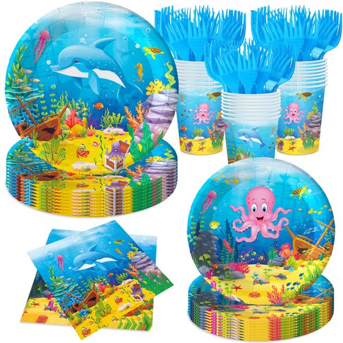 120pcs Under the Sea Party Decorations, Birthday Party Plates and Napkins Sets,Ocean Themed Party Decorations Tableware Set Supplies Paper Plates Napkins Cups for 24 Guests