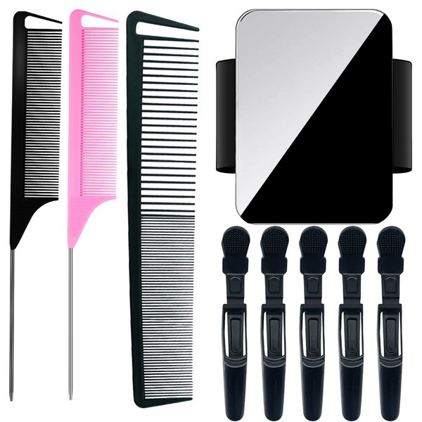 9 Pcs Hair Parting Comb Rat Tail Comb Set- 2 Pieces Braiding Comb Styling Comb 1 Fine and Wide Tooth Comb and Magnetic Wrist Sewing Pincushion Pin Cushion Holder with 5 Alligator Hair Clip (Black)
