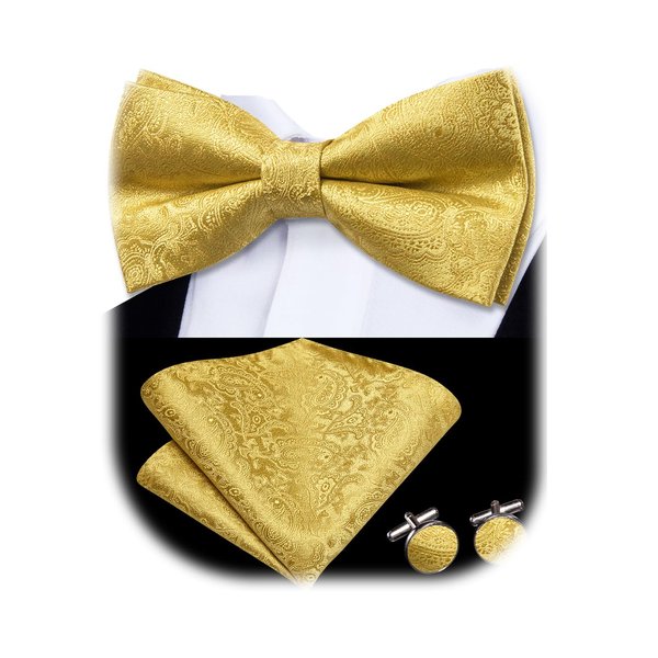 Dubulle Gold Paisley Bow Tie for Men Mens Gold Pretied Bowtie Pocket Square Cufflinks Set