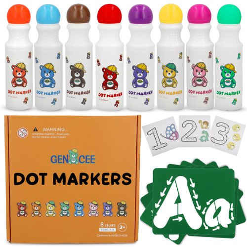 Gen Cee 8 Washable Non-Toxic Dot Art Marker for Children Early Education, Fun Art Bingo Daubers Supplies with Alphabet Stencils and Activity Sheets