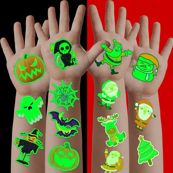 winthrop 240 Pcs Luminous Halloween & Christmas Temporary Tattoos for Kids, Safety Individually Wrapped Glow In The Dark Holiday Tattoos, Best Choice for Trick or Treat and Winter Gifts, 120 Designs