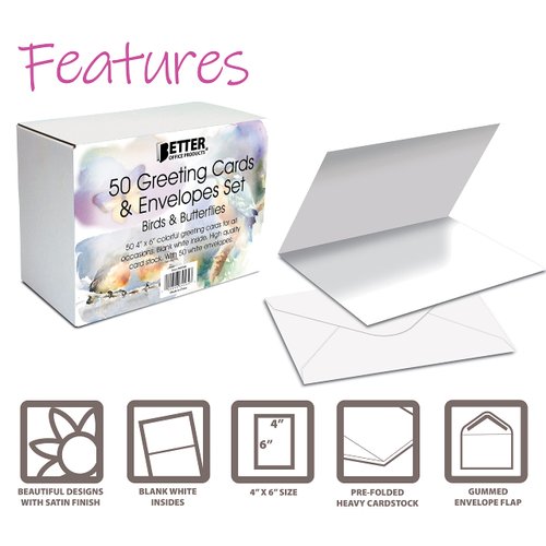 Better Office Products 50-Pack All Occasion Greeting Cards Box Set, 4 x 6 inch, 50 Assorted Blank Note Cards & 50 Envelopes, 6 Butterfly & Birds Designs, Blank Inside, 50 Pack