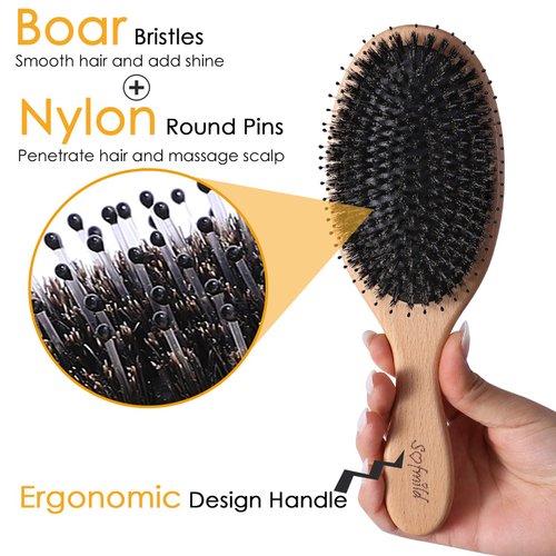 Hair Brush-Boar Bristle Hair Brushes for Women Men and Kids, Boar and Nylon Bristles Brush for Fine Thin Dry Hair Smoothing Massaging Detangling Enhancing Shine