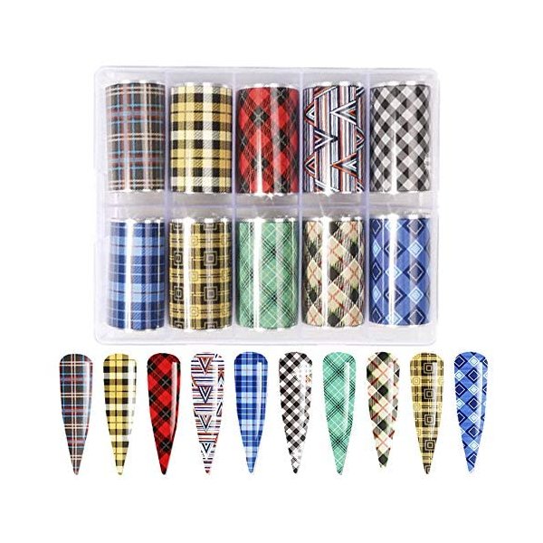 Nail Foil Transfer Stickers Plaid Design Nail Art Decals Adhesive Christmas Foil Stickers Nail Supplies for Women Girls DIY Manicure Tip Decoration Party Supplies (10 Rolls Mix Styles)