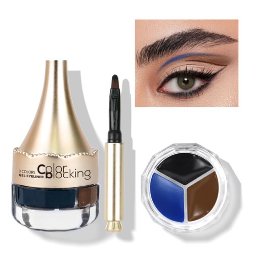 Music Flower 3 Colors Eyeliner Gel,Waterproof Eye Liner Gel Makeup Set,Smudge-proof Long lasting with a Eyeliner Brushes (Blue+Black+Brown)
