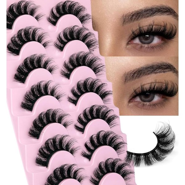 7 Pairs False Eyelashes Wispy Lashes Natural Look Fake Eyelashes Cat Eye Lashes Faux Mink Fluffy Strip False Lashes Pack