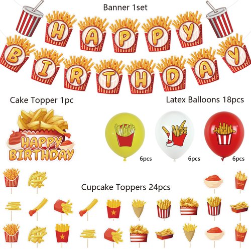 French Fries Birthday Party Supplies French Fries Party Decorations Include HAPPY BIRTHDAY Banner Balloons Cake Topper Cupcake Toppers Fast Food Birthday Party Decorations