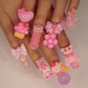 Long Press on Nails Square Fake Nails with Charms Nude Pink Acrylic Nails Cute Heart Bear Charm Designs Glue on Nails Reusable Artificial Full Cover Stick on Nails for Women and Girls 24Pcs