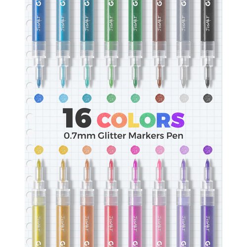 16 Colors Acrylic Glitter Markers Pen, Glitter Paint Pens, 0.7mm Fine Point Tip Metallic Shimmer Marker, Kids Adults DIY Crafts Making, Greeting Birthday Cards Present, Drawing, Scrapbooking Supplies